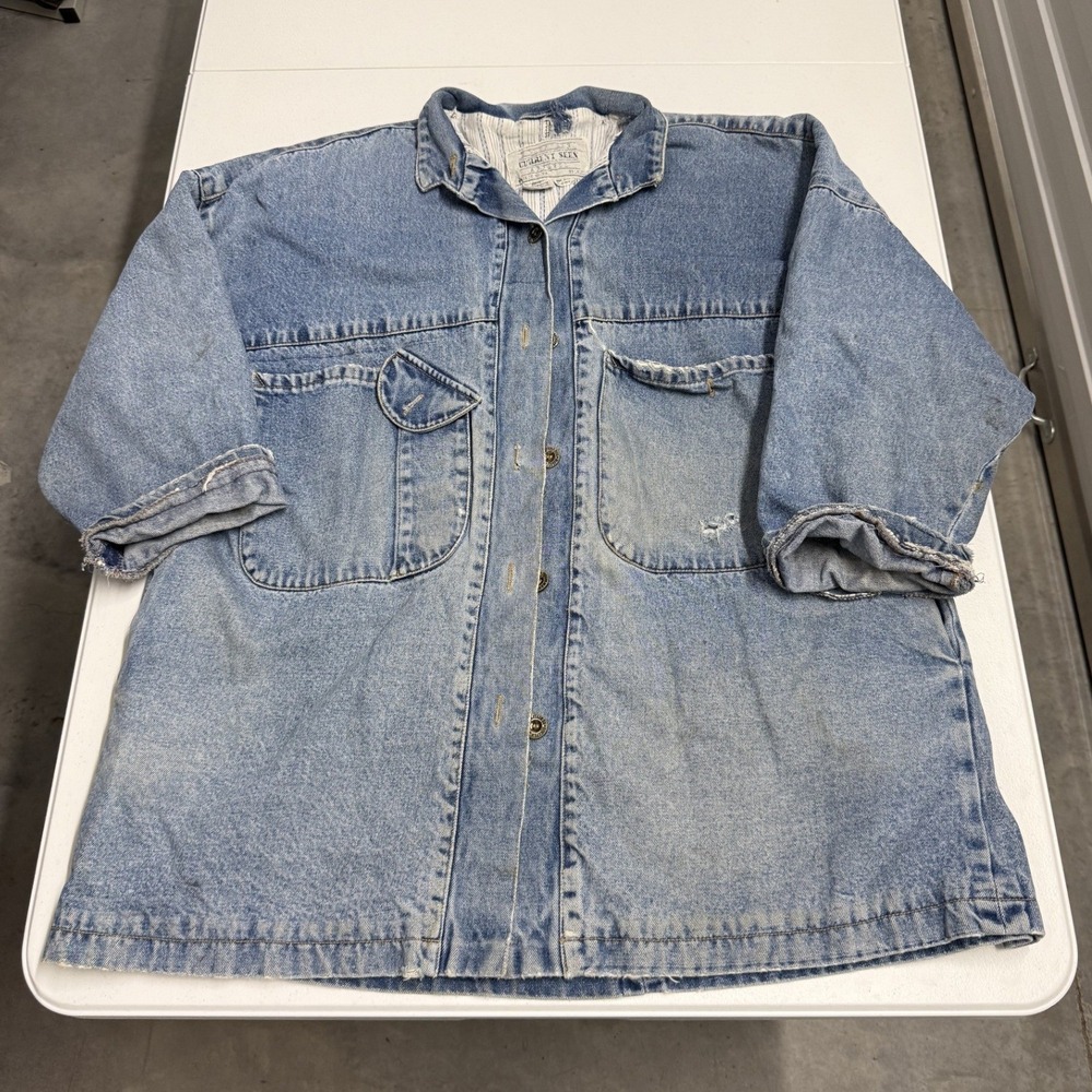 Current Seen Denim Chore Jacket Blue Fair Distressed Pinstripe Lined